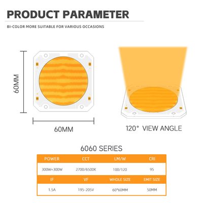 دو رنگ Cob LED Chip 6060 دو CCT 2700K 6500K Cob Chip قدرت بالا 300W * 2 LED