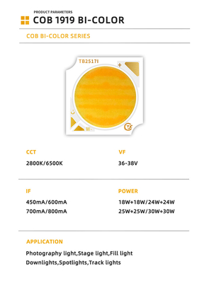 طیف کامل Ra90 18W + 18W 24W + 24W 25W + 25W 30W + 30W دو رنگ چپ LED Dimmable 2800K / 6500K لامپ های Cob قابل تنظیم