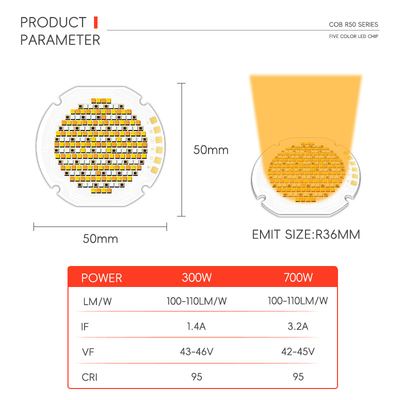 300w 700w قدرت بالا نور بالا R50 COB منبع LED پنج رنگ قابل تنظیم VF 42-46V LM / W 95
