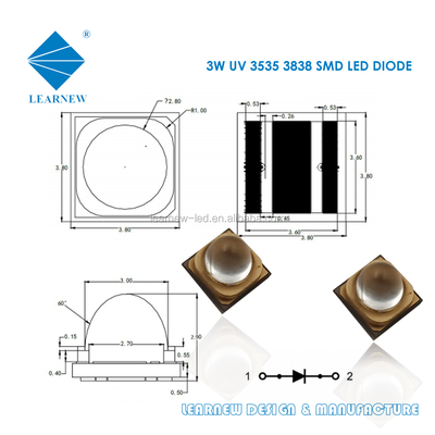 تراشه LED UVA 3 واتی، طول موج 365 نانومتر، اندازه 3.8x3.8 میلی‌متر